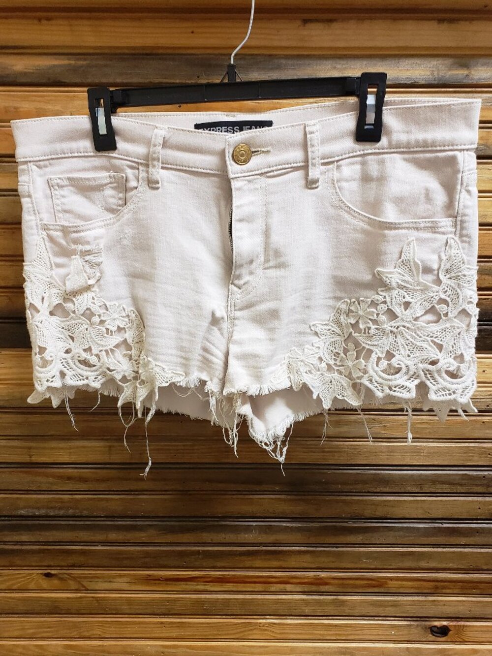 Express Beige Distressed Denim Shorts with Crochet Lace Detail Size 12